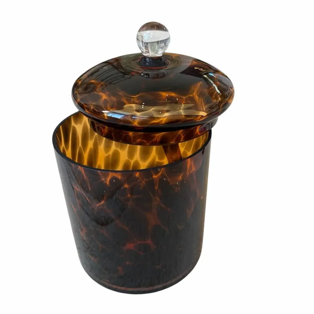 Jonathan Adler Brown Tortoise Shell Glass Canister Jar w/ Lid 7in Chic Decor NEW